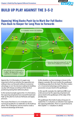 SoccerTutors Coaching 4-3-3 Tactics - 154 Tactical Solutions and Practices features diagrams and text for building attacks vs. a 3-5-2, with passing arrows, defenders, midfielders, and wing back roles—ideal for coaches.