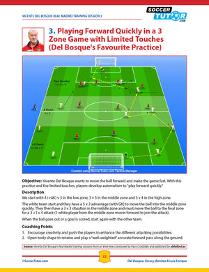 A soccer drill diagram from SoccerTutor’s Del Bosque, Emery, Benitez & Luis Enrique - Practices and Training Sessions features three field zones with player positions and arrows for rapid forward play using limited touches.