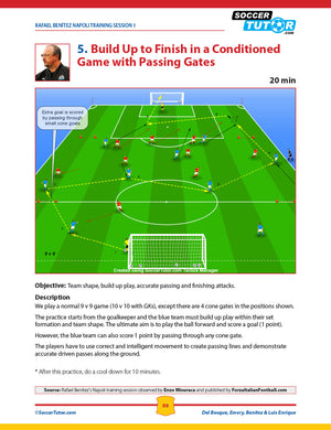 From SoccerTutor’s “Del Bosque, Emery, Benitez & Luis Enrique - Practices and Training Sessions,” this illustrated drill features a 9v9 build-up and scoring game with field diagrams, cones, goals, passing gates, and clear instructions.