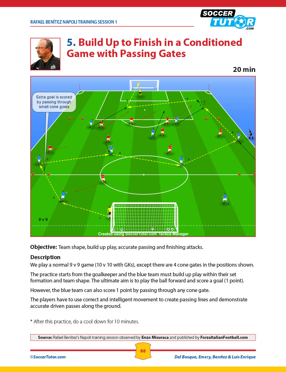 From SoccerTutor’s “Del Bosque, Emery, Benitez & Luis Enrique - Practices and Training Sessions,” this illustrated drill features a 9v9 build-up and scoring game with field diagrams, cones, goals, passing gates, and clear instructions.