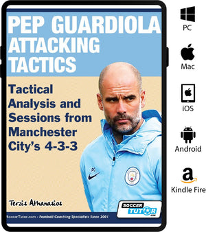 The cover of "Pep Guardiola Attacking Tactics - Tactical Analysis and Sessions from Manchester City’s 4-3-3" by SoccerTutor shows a photo of Pep Guardiola with supported device logos on the right.
