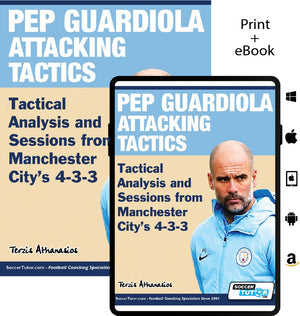The image shows SoccerTutor’s "Pep Guardiola Attacking Tactics – Tactical Analysis and Sessions from Manchester City’s 4-3-3" in book and eBook formats, alongside print/eBook icons and device compatibility logos.