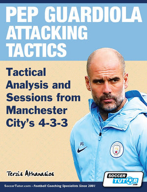 The cover of SoccerTutor’s Pep Guardiola Attacking Tactics displays a man in a Manchester City jacket and includes text on tactical analysis and sessions from Manchester City’s 4-3-3 formation.
