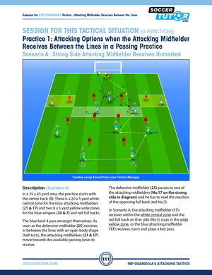 A soccer tactics diagram shows passing options and a drill for attacking midfielders receiving between the lines, inspired by SoccerTutor’s Pep Guardiola Attacking Tactics – Tactical Analysis and Sessions from Manchester City’s 4-3-3.