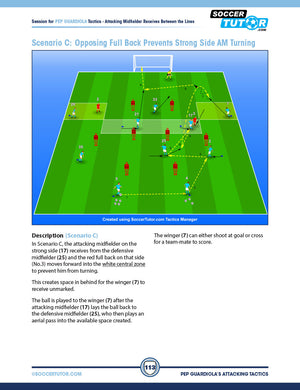 A diagram from SoccerTutor’s "Pep Guardiola Attacking Tactics - Tactical Analysis and Sessions from Manchester City’s 4-3-3" shows Scenario C: an attacking midfielder receives between the lines, with arrows for movement and a descriptive text below.