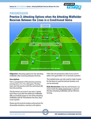 The SoccerTutor "Pep Guardiola Attacking Tactics – Tactical Analysis and Sessions from Manchester City’s 4-3-3" features a 10v10+GK drill, with text on attacking midfielder options, tactical analysis, rules, objectives, and progression.