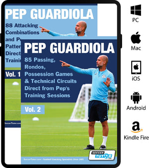 The SoccerTutor e-book cover for Pep Guardiola Volume 1 & 2 Bundle showcases Pep coaching and promotes 173 training practices, covering passing, Positional Patterns, technical circuits, Attacking Combinations, and includes device icons.