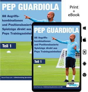 The cover of SoccerTutor’s book PEP GUARDIOLA - 88 Angriffskombinationen und Positionsbasierte Spielzüge direkt aus Peps Trainingseinheiten shows Pep Guardiola on the field. Available as print and eBook.