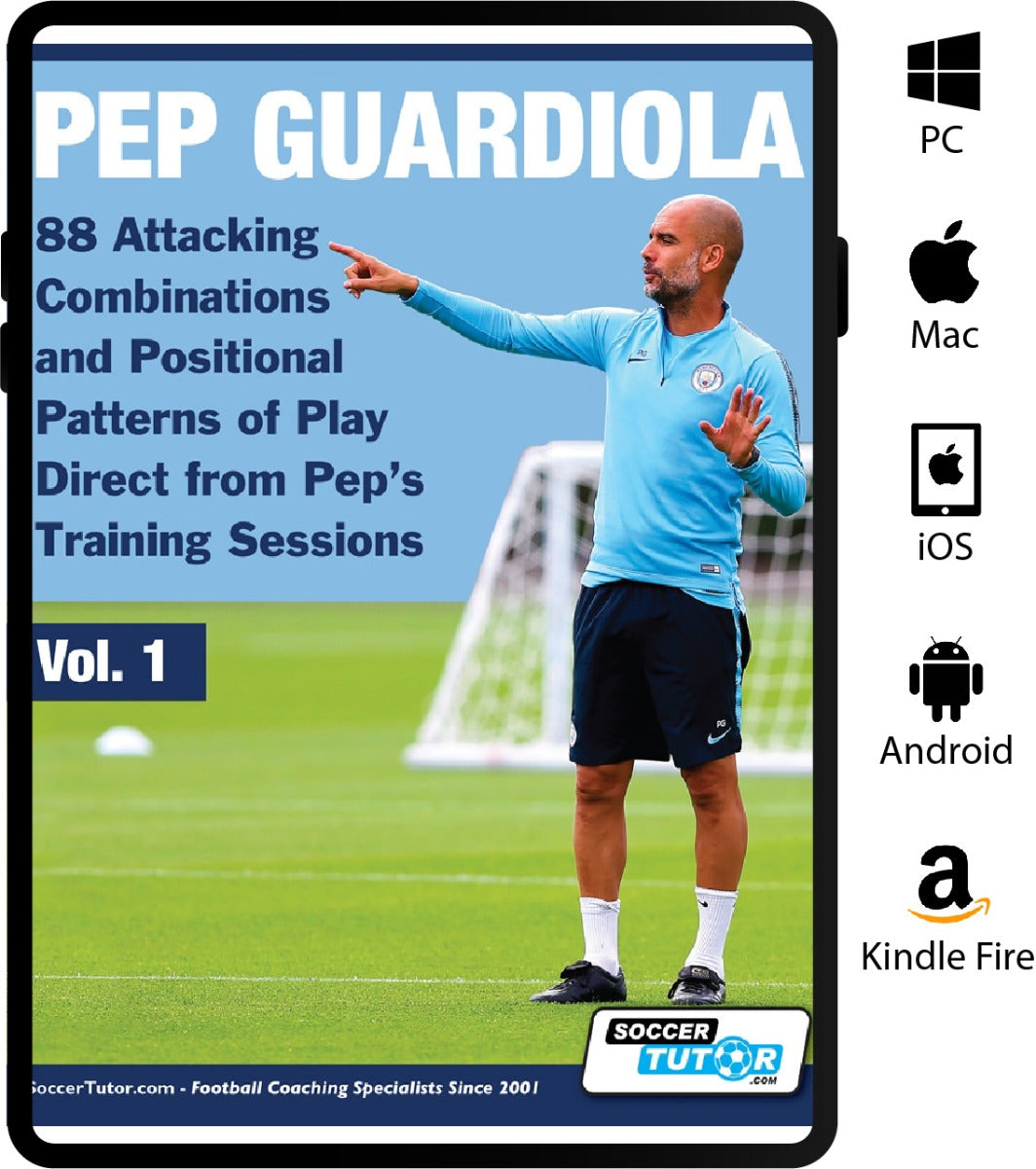 A digital tablet displays the book cover for "Pep Guardiola - 88 Attacking Combinations and Positional Patterns of Play Direct from Pep's Training Sessions" by SoccerTutor, with device icons alongside.