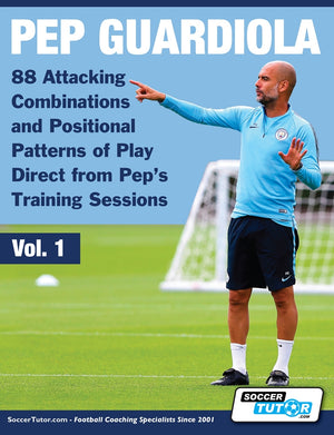 A man in a blue tracksuit stands on a soccer field, giving instructions. Text reads: "Pep Guardiola - 88 Attacking Combinations and Positional Patterns of Play Direct from Pep's Training Sessions by SoccerTutor.