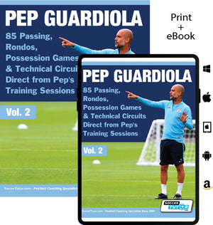 Two versions of SoccerTutors Pep Guardiola – 85 Passing, Rondos, Possession Games & Technical Circuits Direct from Peps Training Sessions are shown, with Pep on the cover. Features tablet and print formats plus app and store logos.