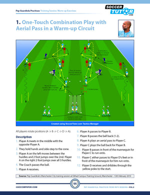 The Pep Guardiola - 85 Passing, Rondos, Possession Games & Technical Circuits by SoccerTutor features a drill diagram with player movements, passes, warm-up circuits using hurdles and mannequins, arrows for directions, session instructions, and coach photo.