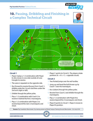 A SoccerTutor diagram from Pep Guardiola - 85 Passing, Rondos, Possession Games & Technical Circuits shows player movements, cones, and hurdles with detailed passing circuit instructions inspired by Pep’s training sessions. Includes step-by-step guidance.