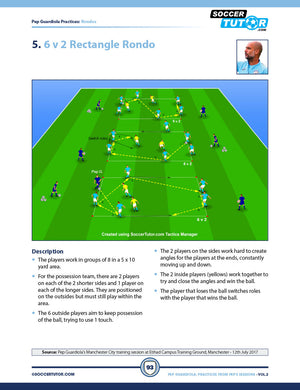 Coaches and players use the SoccerTutor Pep Guardiola Volume 1 & 2 Bundle to run a 6v2 rectangle rondo, with blues passing under yellow pressure. Cones outline a large rectangle and two inner squares as shown in Peps training session diagrams.