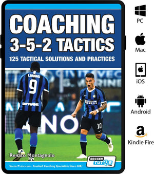 The SoccerTutor book Coaching 3-5-2 Tactics - 125 Tactical Solutions and Practices features two Inter Milan players on the cover, with PC, Mac, iOS, Android, and Kindle Fire logos displayed on the right.