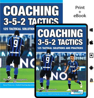 Coaching 3-5-2 Tactics - 125 Tactical Solutions and Practices by SoccerTutor features a cover with a soccer player in a black-and-blue striped jersey, available in print and digital formats on multiple platforms.