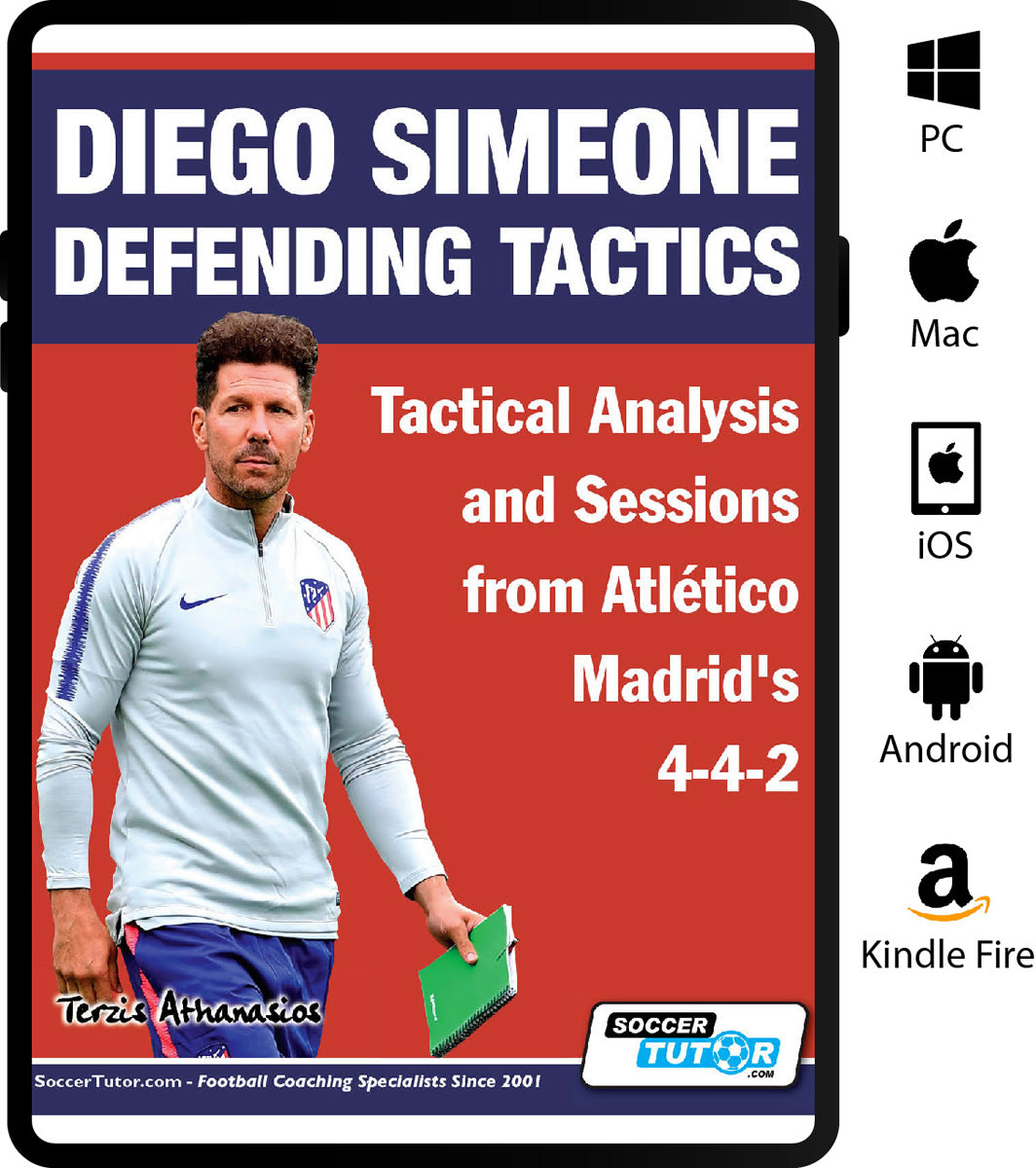 The cover of SoccerTutor's "Diego Simeone Defending Tactics - Tactical Analysis and Sessions from Atlético Madrid’s 4-4-2" features Diego Simeone in an Atlético Madrid tracksuit holding a green notebook, with device compatibility icons on the right.