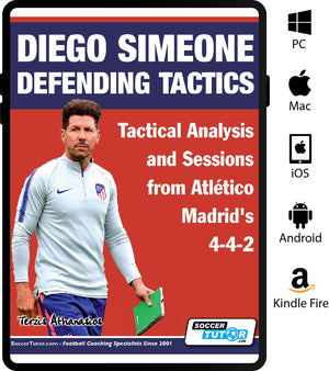 The cover of SoccerTutor's "Diego Simeone Defending Tactics - Tactical Analysis and Sessions from Atlético Madrid’s 4-4-2" features Diego Simeone in an Atlético Madrid tracksuit holding a green notebook, with device compatibility icons on the right.