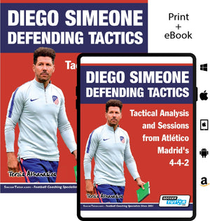 Two editions of SoccerTutor's "Diego Simeone Defending Tactics - Tactical Analysis and Sessions from Atlético Madrid’s 4-4-2" are shown. The cover shows Simeone in a light tracksuit, highlighting insights into his team’s defensive strategies.