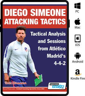 The cover of SoccerTutor’s “Diego Simeone Attacking Tactics - Tactical Analysis and Sessions from Atlético Madrid’s 4-4-2” features Simeone in club gear, with text on tactical analysis, 4-4-2 sessions, and effective coaching strategies.