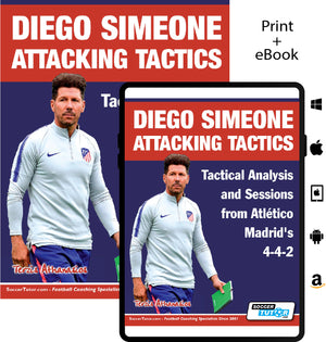 The image shows a print book and tablet displaying the cover of "Diego Simeone Attacking Tactics - Tactical Analysis and Sessions from Atlético Madrid’s 4-4-2" by SoccerTutor.