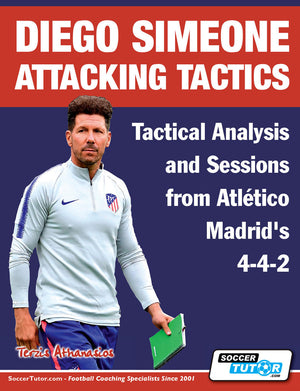 A man in an Atlético Madrid tracksuit holds a green notebook, promoting SoccerTutor's Diego Simeone Attacking Tactics – Tactical Analysis and Sessions from Atlético Madrid’s 4-4-2.