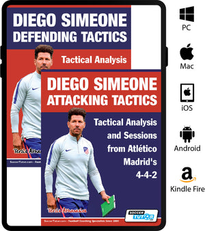 Two tablets show book covers for SoccerTutor’s Diego Simeone Defending and Attacking Tactics: Tactical Analysis and Sessions from Atlético Madrid’s 4-4-2 - 2 Book Bundle. Device icons are visible.