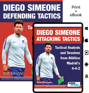 SoccerTutor’s 2-book bundle, Diego Simeone Defending and Attacking Tactics: Tactical Analysis and Sessions from Atlético Madrid’s 4-4-2, features covers with Coach Simeone in a white jacket, available in print and tablet formats.