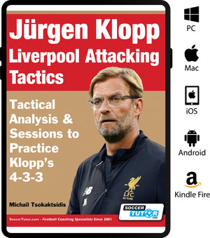 The cover of SoccerTutors Jürgen Klopp Liverpool Attacking Tactics - Tactical Analysis and Sessions to Practice Klopps 4-3-3 features Klopp in a Liverpool jacket, highlights tactical analysis, and displays icons for PC, Mac, iOS, Android & Kindle Fire.