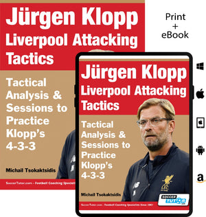 SoccerTutor’s Jürgen Klopp Liverpool Attacking Tactics – Tactical Analysis and Sessions to Practice Klopps 4-3-3 features Klopp’s image, book title, in-depth analysis, and is available in print and eBook formats.