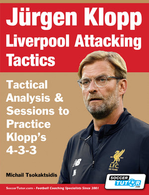 The book Jürgen Klopp Liverpool Attacking Tactics - Tactical Analysis and Sessions to Practice Klopps 4-3-3 by SoccerTutor features Klopp in a Liverpool jacket on the cover.