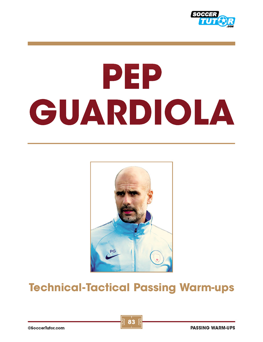Cover page with the title Passing Warm-Ups - Direct from Guardiola, Simeone, Ancelotti, Emery, Sarri & Heynckes in large red letters, a headshot of a man in a light blue jacket, and SoccerTutor's soccer coaching subtitle at the bottom.