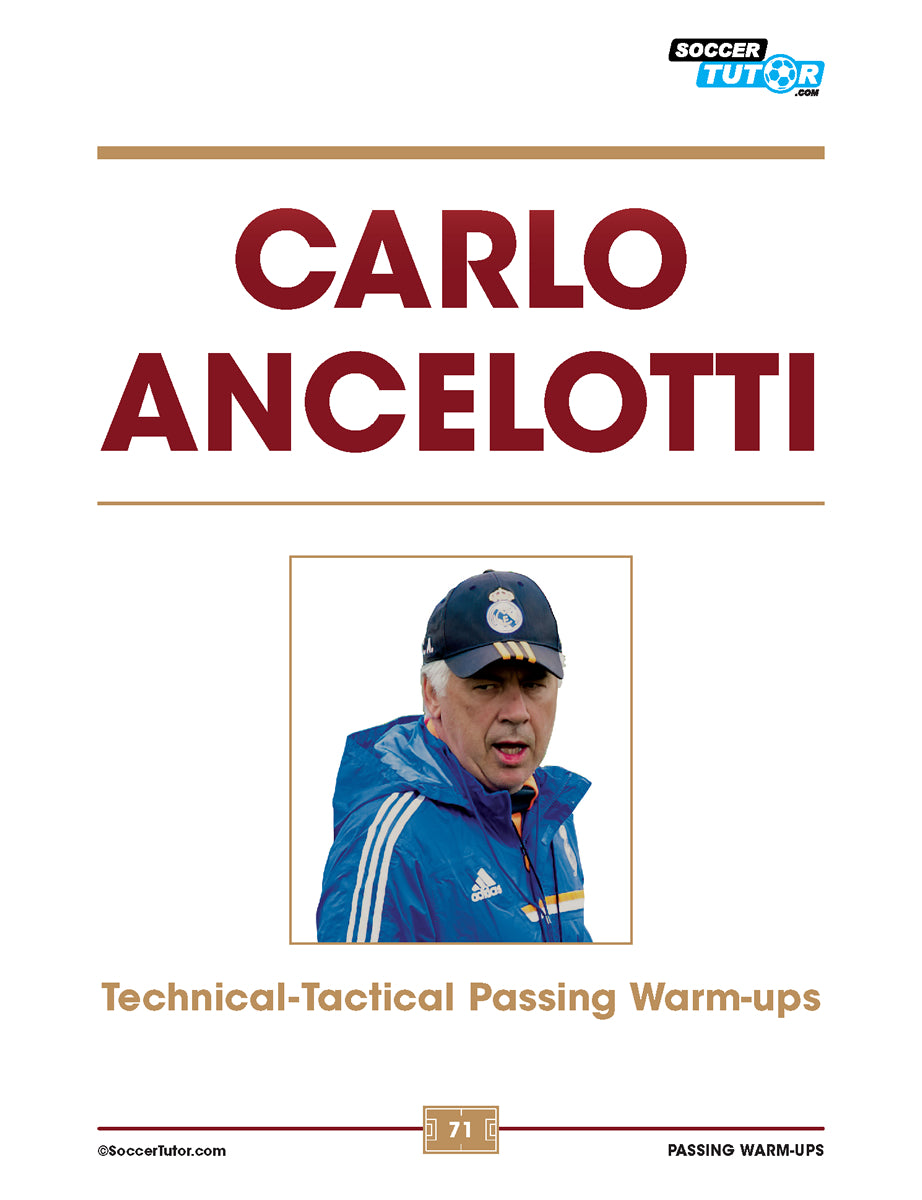 Cover of a soccer coaching book titled "Passing Warm-Ups - Direct from Guardiola, Simeone, Ancelotti, Emery, Sarri & Heynckes," featuring insights on passing warm-ups and SoccerTutor branding.