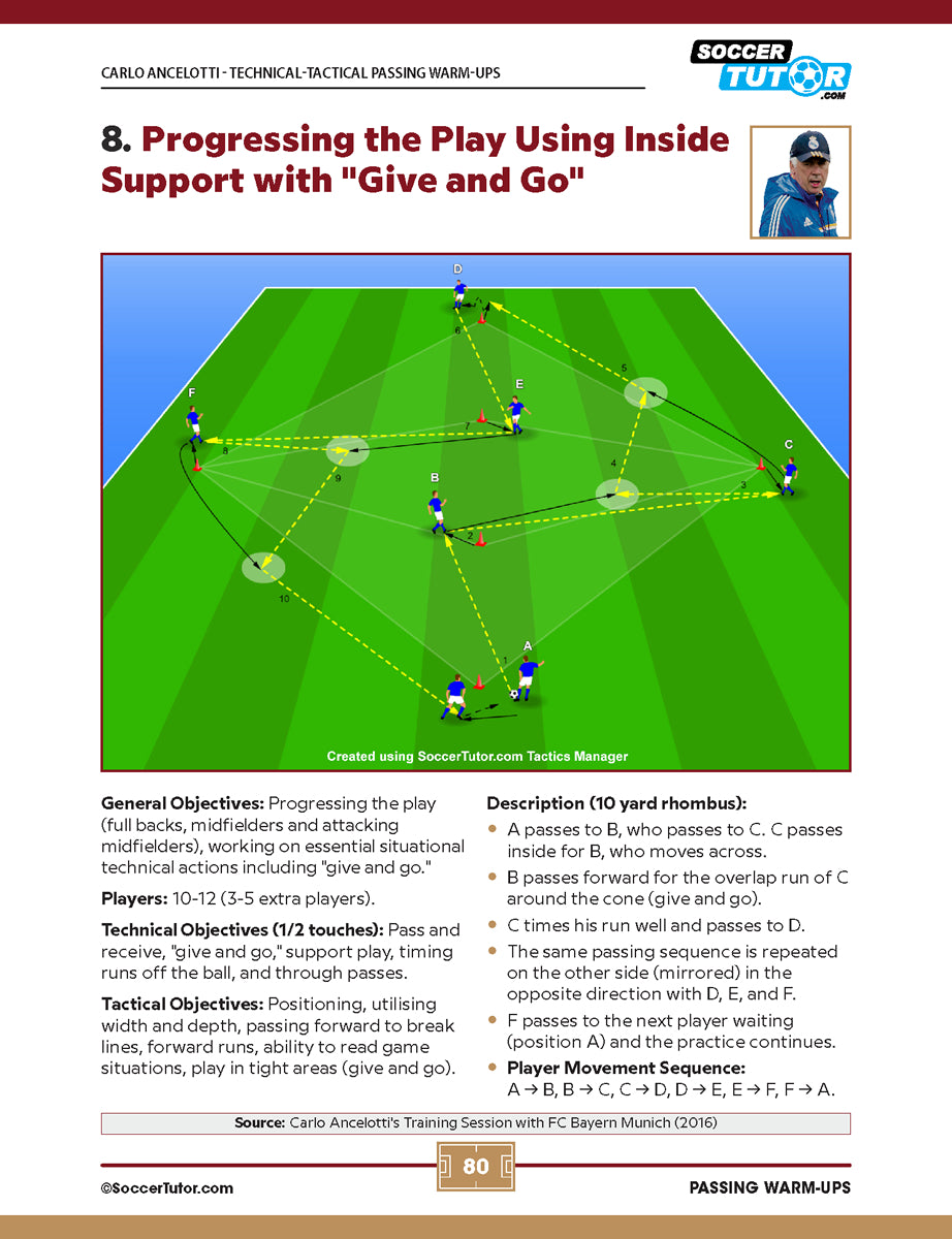 A SoccerTutor drill diagram from "Passing Warm-Ups - Direct from Guardiola, Simeone, Ancelotti, Emery, Sarri & Heynckes" shows player positions, passing routes, and give-and-go movements on a yellow background with coaching notes.