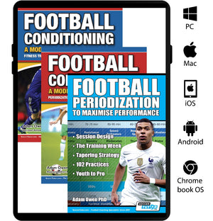 A digital tablet shows three overlapping eBook covers for the SoccerTutor "Football Periodization and Conditioning 3 Book Bundle – Session Design | Season Training | 156 Practices." PC, Mac, iOS, Android, and Chromebook icons appear on the right.