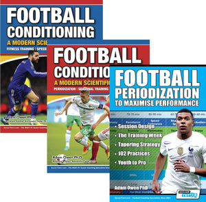 Three book covers from SoccerTutor’s “Football Periodization and Conditioning 3 Book Bundle—Session Design, Season Training, 156 Practices” are shown, featuring bold blue and red colors with athletes in action.