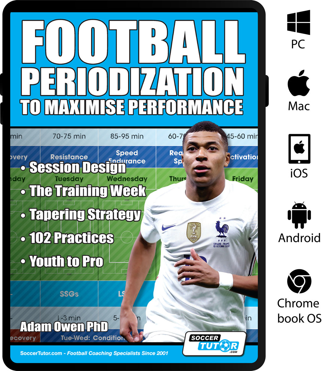 A promo image for SoccerTutor's "Football Periodization to Maximise Performance" shows a male player in white, text on maximising performance, and icons for PC, Mac, iOS, Android & Chromebook compatibility.