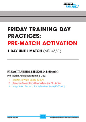 SoccerTutor’s "Football Periodization to Maximise Performance" includes a Friday Pre-Match Activation session: resistance warm-up, speed drills, and a large-sided game—45–60 mins for peak performance. 102 practices designed for youth to pro players.