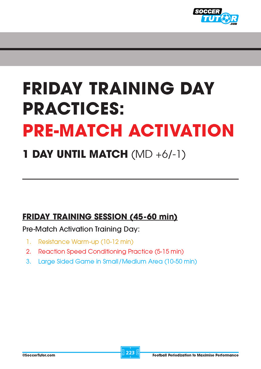 SoccerTutor’s "Football Periodization to Maximise Performance" includes a Friday Pre-Match Activation session: resistance warm-up, speed drills, and a large-sided game—45–60 mins for peak performance. 102 practices designed for youth to pro players.