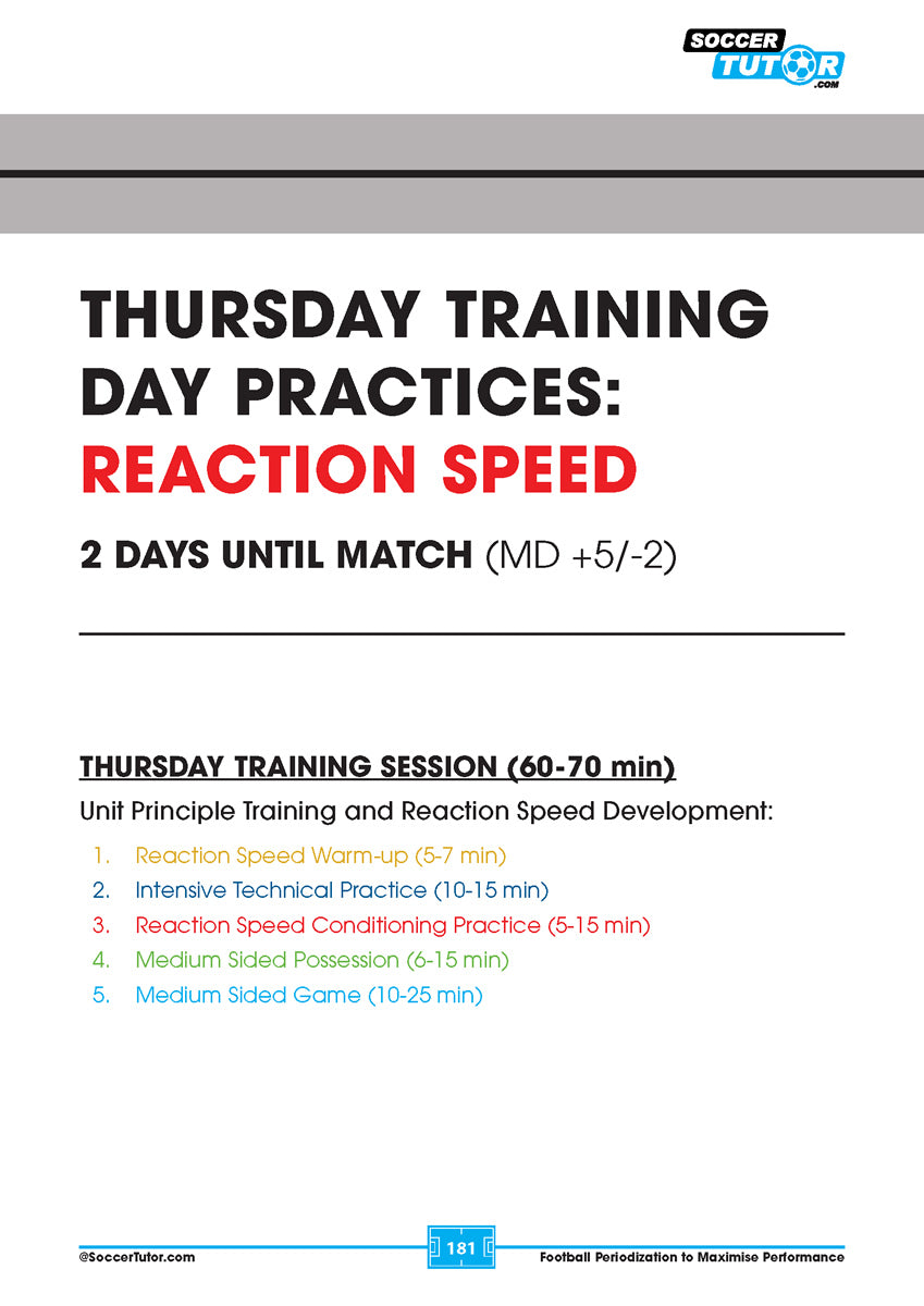 SoccerTutor’s "Football Periodization to Maximise Performance" provides a Thursday session plan (60-70 mins) with warm-up, technical drills, conditioning, possession play, and small sided games for peak results from youth to pro.