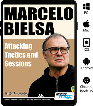 SoccerTutor book cover with Marcelo Bielsa’s photo and bold, clear title: “Marcelo Bielsa - Attacking Tactics and Sessions.” Author: Terzis Athanasios. Icons for PC, Mac, iOS, Android, and Chromebook on the right side.