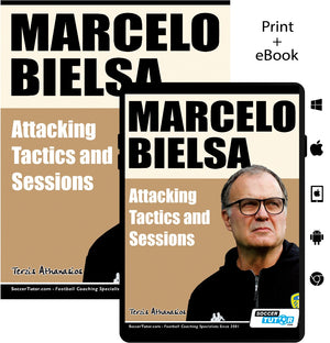 Two covers for Marcelo Bielsa - Attacking Tactics and Sessions by SoccerTutor feature bold, well-aligned text, optimal font size, and show Bielsa in glasses and a dark jacket. Both print and eBook versions are displayed.