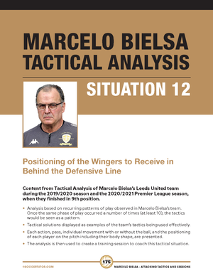 The SoccerTutor poster “Marcelo Bielsa - Attacking Tactics and Sessions” features a photo of Marcelo Bielsa and uses text alignment and font size to highlight winger positioning to receive behind the defensive line.