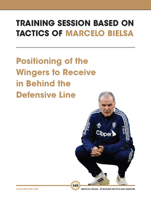 A football coach in a dark tracksuit crouches on the pitch. Above, text reads: Training session from SoccerTutors Marcelo Bielsa - Attacking Tactics and Sessions—positioning wingers to receive behind the defensive line.