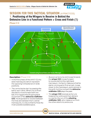The Marcelo Bielsa - Attacking Tactics and Sessions by SoccerTutor features an illustrated soccer field diagram showing winger runs behind the defense, tactical instructions, text alignment tips, and labeled text on the left and below.