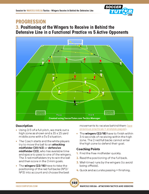 In Marcelo Bielsa - Attacking Tactics and Sessions by SoccerTutor, diagrams display wingers wide to receive passes behind defenses, with coaching points and practice instructions clearly aligned below the image for clarity.