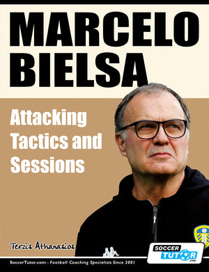 The cover of SoccerTutor’s Marcelo Bielsa - Attacking Tactics and Sessions shows a serious man in glasses and a dark jacket. The product name is displayed at the bottom in clear, readable font for easy identification.