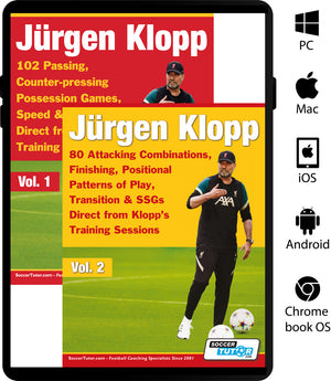 Two covers for SoccerTutor’s "Jürgen Klopp Vol 1 & 2 Bundle – 182 Practices Direct From Klopp's Training Sessions" show Klopp on a grass field. At right, device icons highlight compatibility with PC, Mac, iOS, Android, and Chromebook.