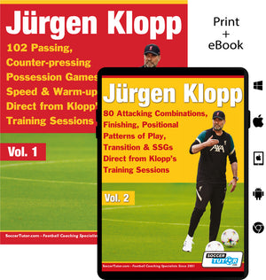 The SoccerTutor Jürgen Klopp Vol 1 & 2 Bundle features two book covers: a red one on coaching topics like passing and pressing, and an orange tablet edition focusing on combinations, finishing, and dynamic transitions for coaches.