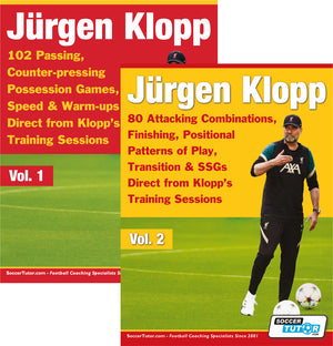 The Jürgen Klopp Vol 1 & 2 Bundle by SoccerTutor features 182 training practices from Klopp’s sessions, including passing, possession, pressing, attacking combinations, and tactical drills.